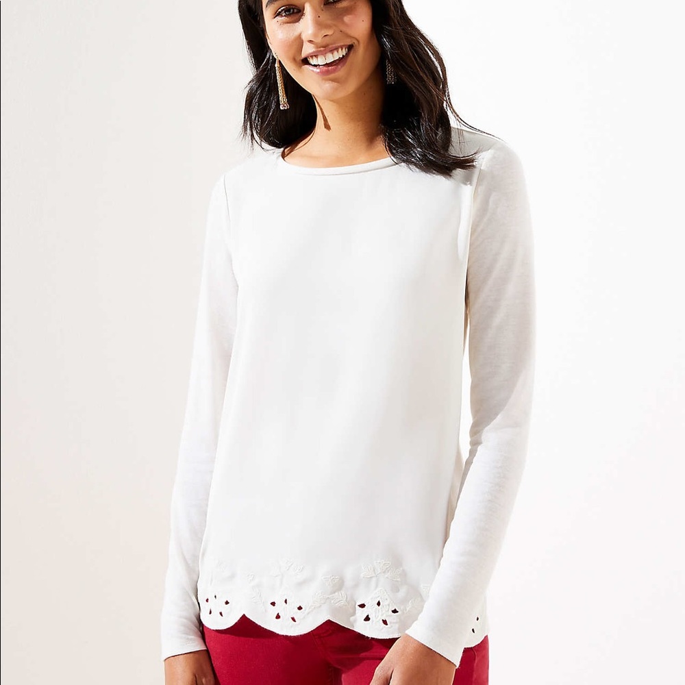 NWT White Long Sleeve Blouse with Floral Embroidery
